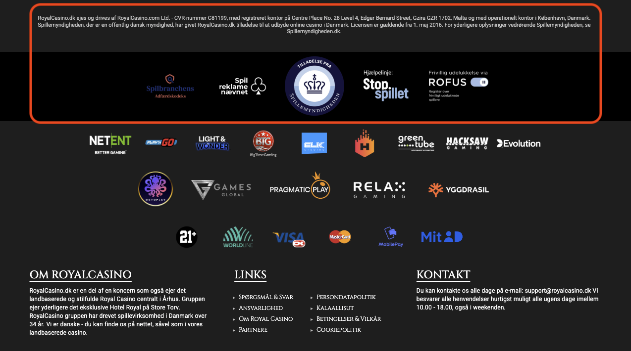 Royal Casino licensoplysninger i footer